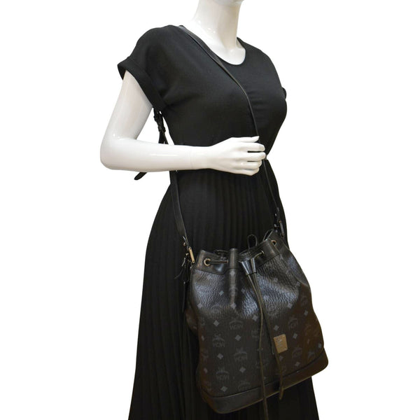 MCM Drawstring Visetos Canvas Bucket Bag Black