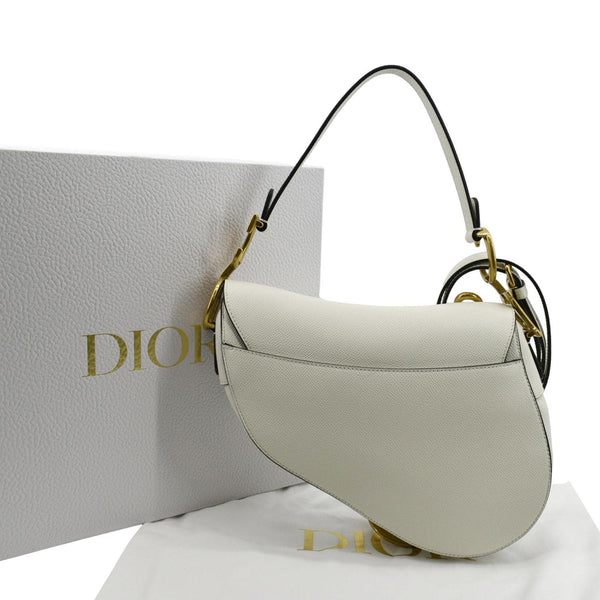 CHRISTIAN DIOR Saddle Grained Calfskin Leather Shoulder Bag Ivory