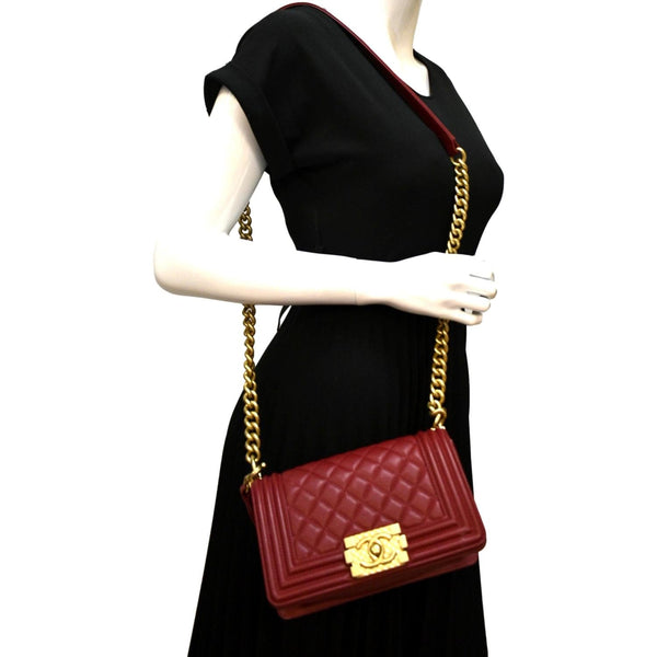 CHANEL Boy Small Quilted Leather Shoulder Bag Red