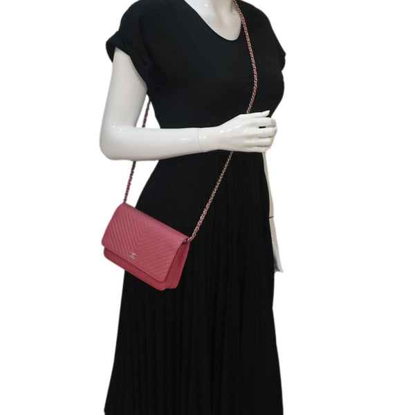 CHANEL CC WOC Chevron Leather Wallet On Chain Crossbody Bag Pink