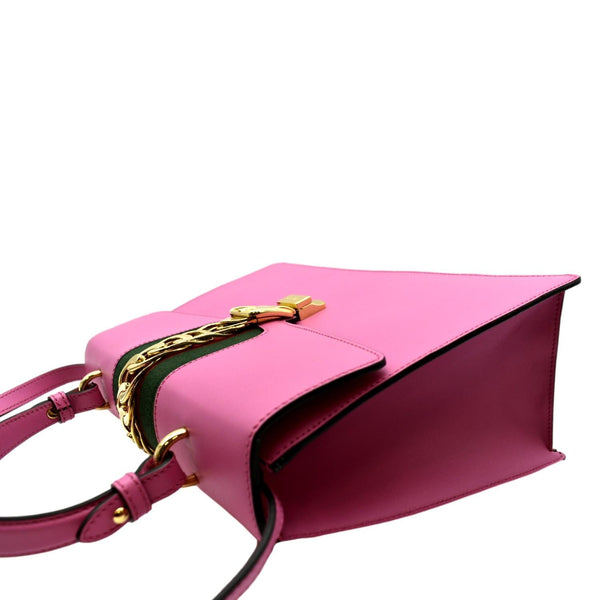 GUCCI Sylvie Medium Web Smooth Leather Top Handle Shoulder Bag Pink 431665