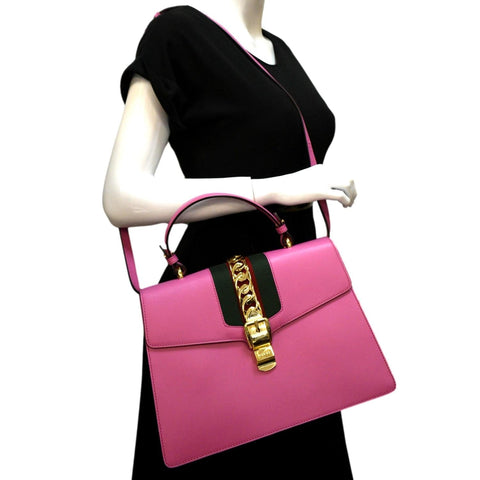 GUCCI Sylvie Medium Web Smooth Leather Top Handle Shoulder Bag Pink 431665