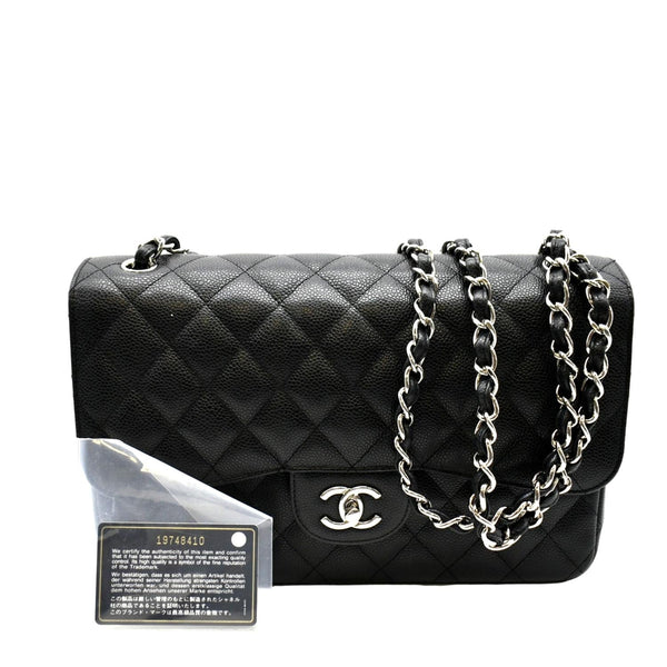 CHANEL Classic Jumbo Double Flap Quilted Caviar Leather Shoulder Bag Black