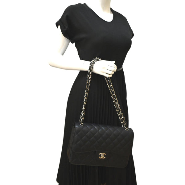 CHANEL Classic Jumbo Double Flap Quilted Caviar Leather Shoulder Bag Black