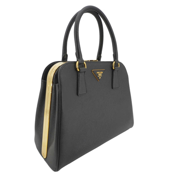 PRADA Frame Saffiano Leather Top Handle Bag Black