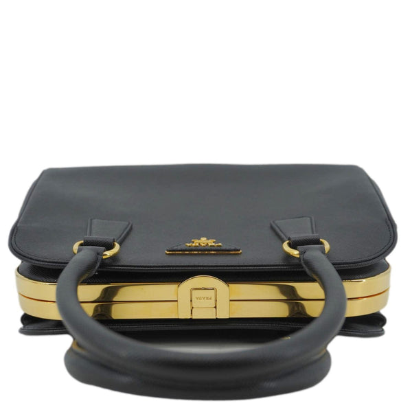 PRADA Frame Saffiano Leather Top Handle Bag Black