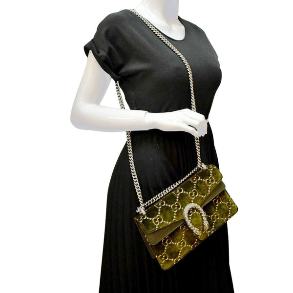 GUCCI Dionysus Small GG Velvet Shoulder Bag Olive 499623