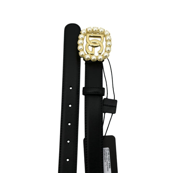 Dolce & Gabbana DG Logo Pearl Leather Belt in Black - In Length