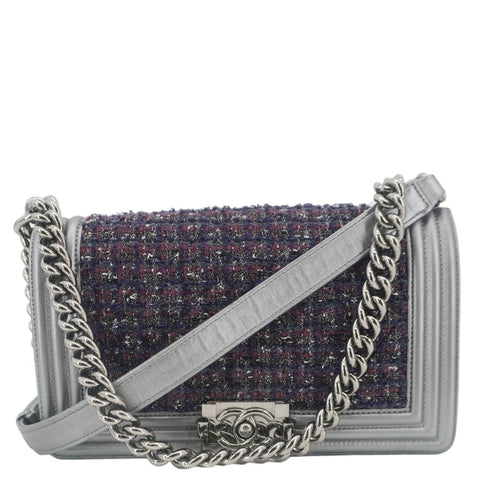CHANEL Boy Flap Tweed Bag Shoulder Bag Silver