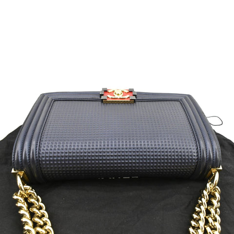 CHANEL Medium Boy Flap Cube Embossed Leather Shoulder Bag Navy Blue