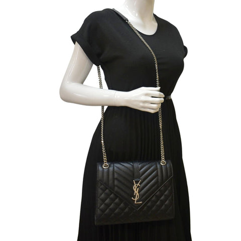 YVES SAINT LAURENT Envelope Medium Matelassé Leather Crossbody Chain Bag Black