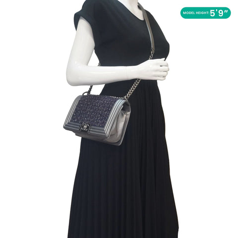 CHANEL Boy Flap Tweed Bag Shoulder Bag Silver