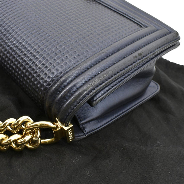 CHANEL Medium Boy Flap Cube Embossed Leather Shoulder Bag Navy Blue
