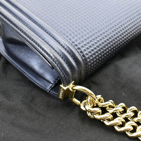 CHANEL Medium Boy Flap Cube Embossed Leather Shoulder Bag Navy Blue