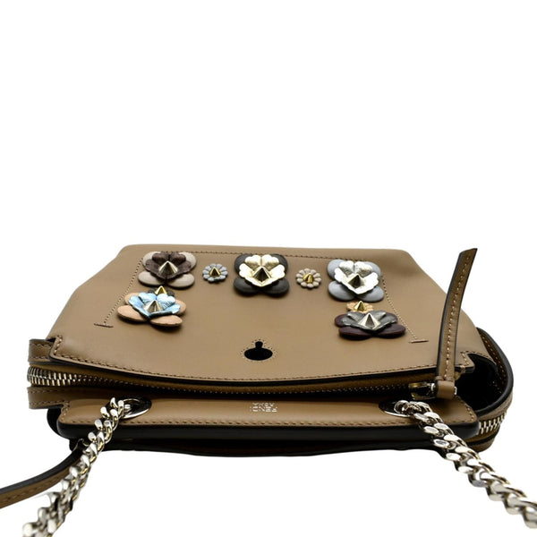 FENDI DotCom Flower Embellished Leather Shoulder Bag Tan