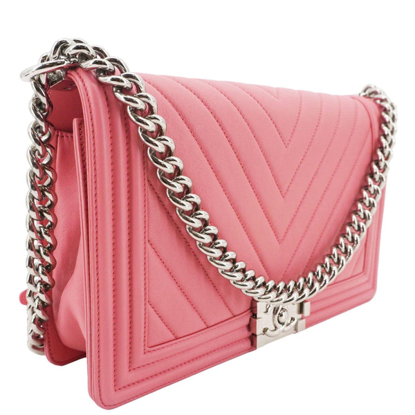 CHANEL Boy Flap Old Medium Chevron Leather Crossbody Pink