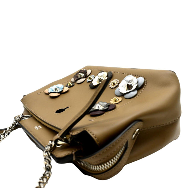 FENDI DotCom Flower Embellished Leather Shoulder Bag Tan