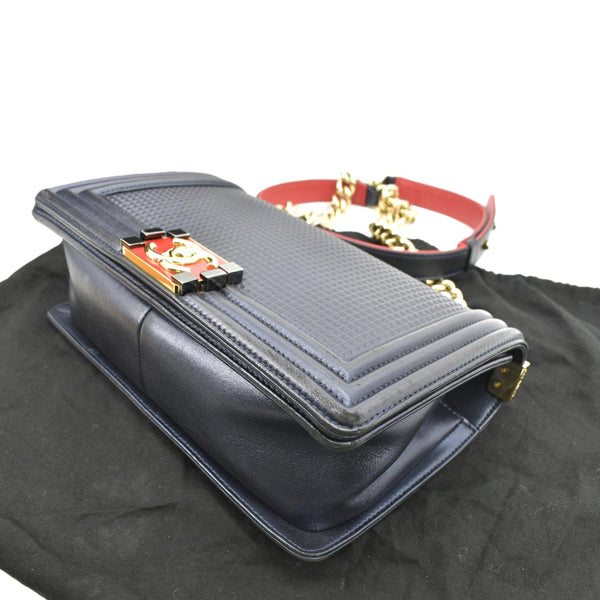 CHANEL Medium Boy Flap Cube Embossed Leather Shoulder Bag Navy Blue