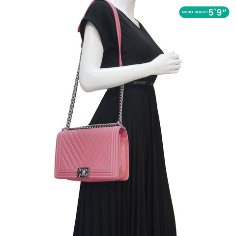 CHANEL Boy Flap Old Medium Chevron Leather Crossbody Pink