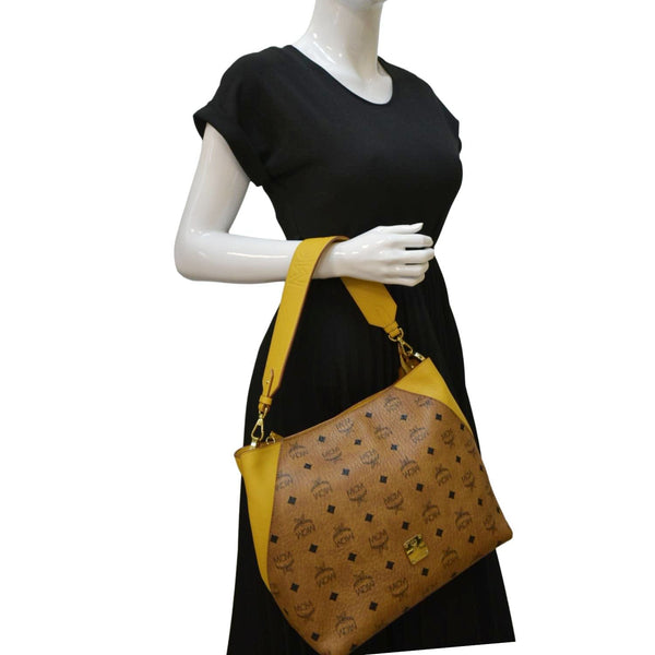 MCM Klara Large Monogram Visetos Leather Hobo Bag Yellow