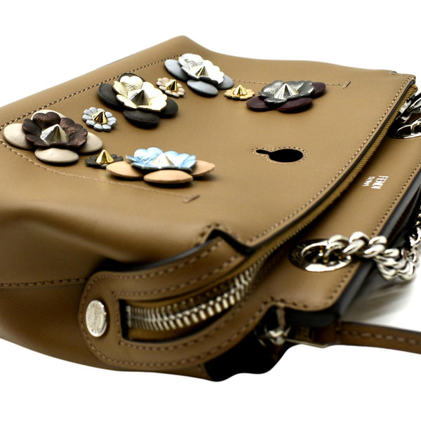 FENDI DotCom Flower Embellished Leather Shoulder Bag Tan.
