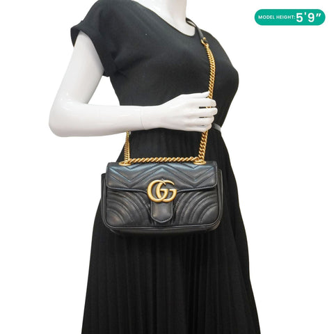 GUCCI GG Marmont Mini Black Leather Shoulder Bag - Model Carrying