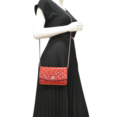 CHANEL Brilliant WOC Quilted Patent Leather Crossbody Wallet Red