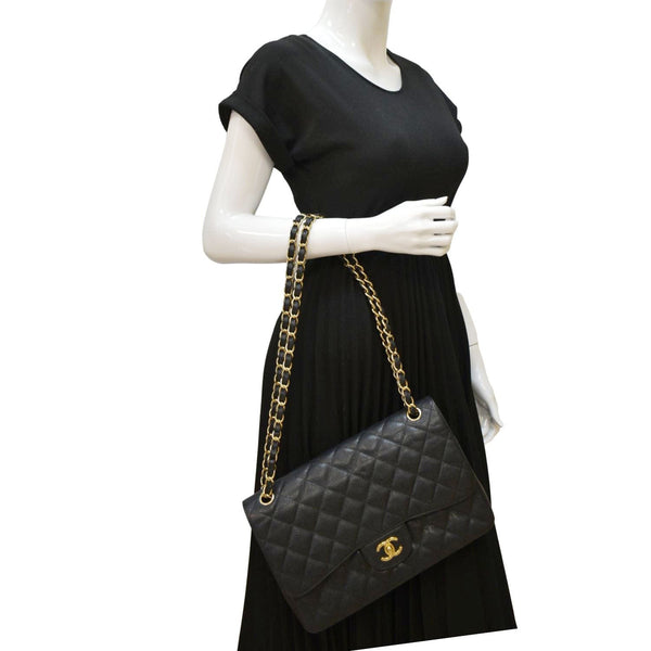 CHANEL Classic Double Flap Quilted Caviar Leather Shoulder Bag Black
