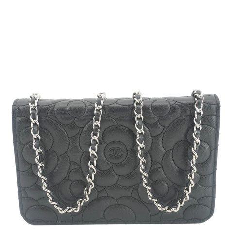 CHANEL Camellia Caviar Leather Wallet on Chain Shoulder Bag Black