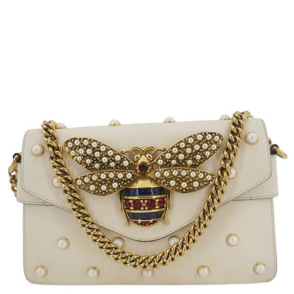 GUCCI Broadway Pearl Bee Mini Leather Shoulder Bag White 453778