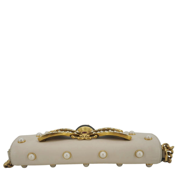 GUCCI Broadway Pearl Bee Mini Leather Shoulder Bag White 453778