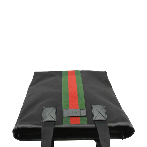 GUCCI Vertical Web Stripe Techno Canvas Black Tote Bag upper look