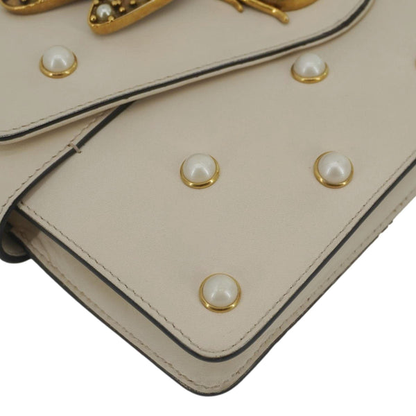 GUCCI Broadway Pearl Bee Mini Leather Shoulder Bag White 453778