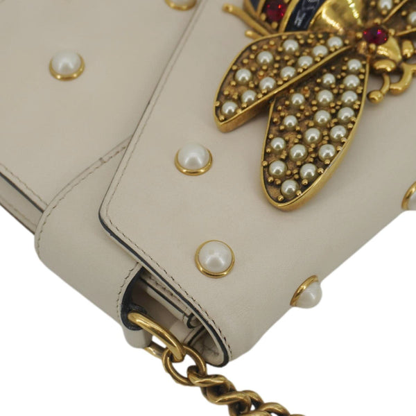 GUCCI Broadway Pearl Bee Mini Leather Shoulder Bag White 453778