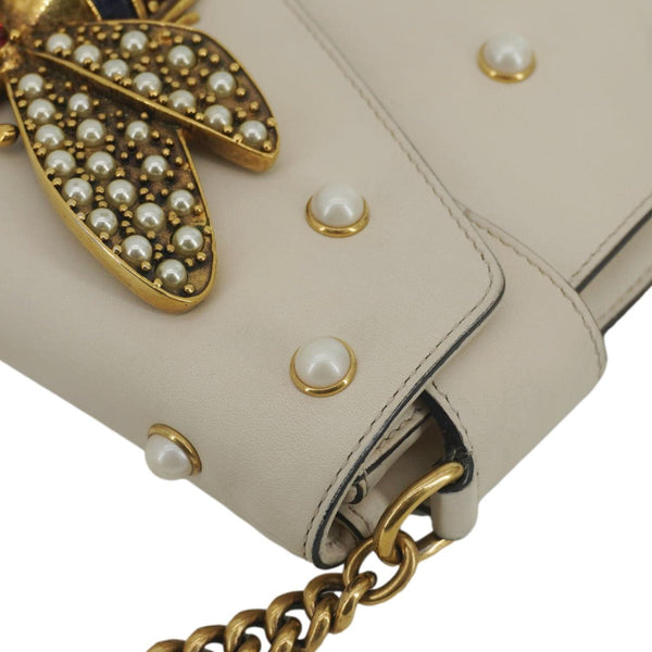 GUCCI Broadway Pearl Bee Mini Leather Shoulder Bag White 453778