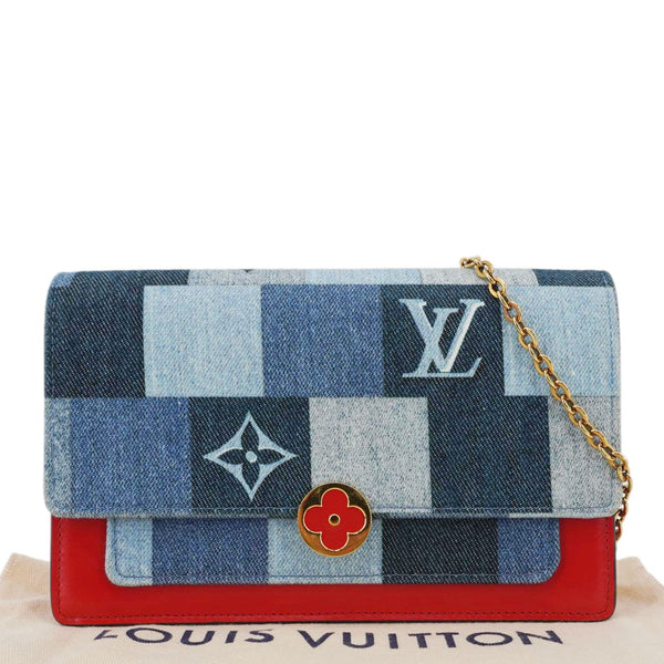 LOUIS VUITTON Patchwork Flore Damier Monogram Denim Chain Wallet Shoulder Bag Blue