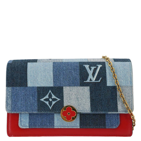 LOUIS VUITTON Patchwork Flore Damier Monogram Denim Chain Wallet Shoulder Bag Blue