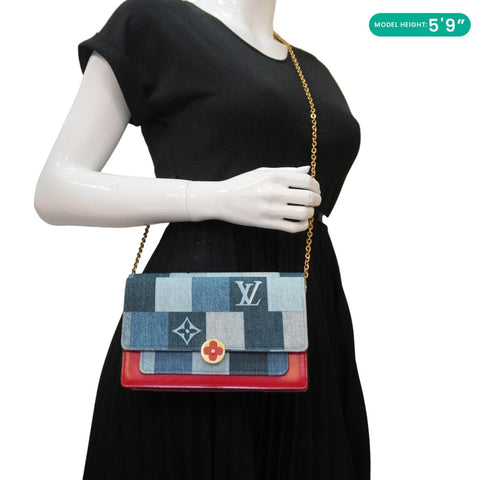 LOUIS VUITTON Patchwork Flore Damier Monogram Denim Chain Wallet Shoulder Bag Blue