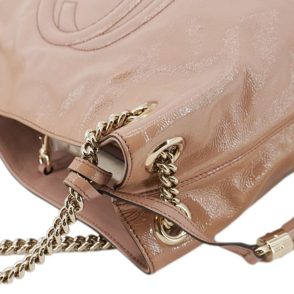 GUCCI Soho Medium Patent Leather Chain Tote Bag Beige 308982