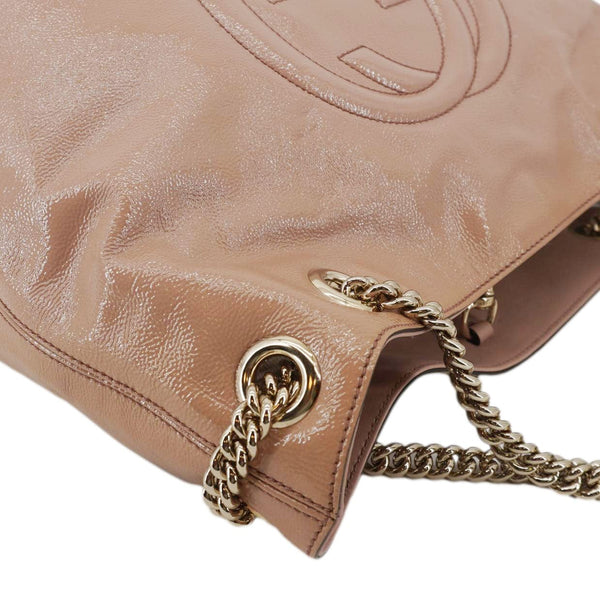 GUCCI Soho Medium Patent Leather Chain Tote Bag Beige 308982