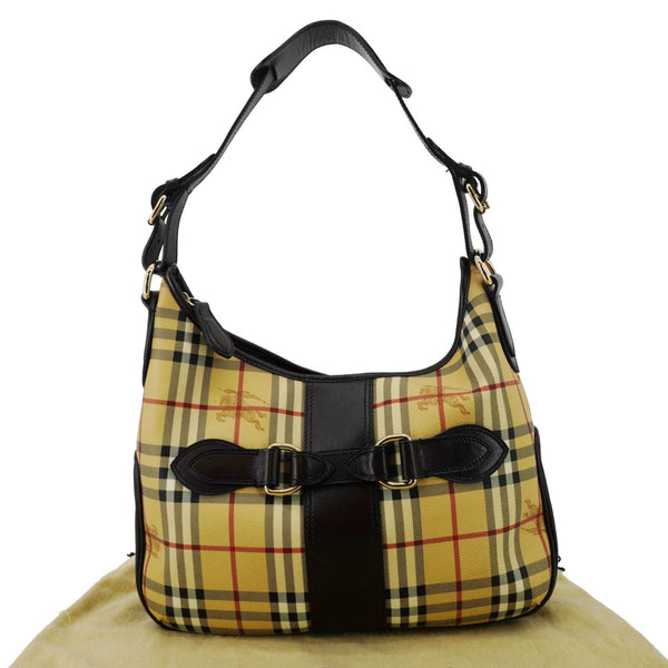 BURBERRY Haymarket Check House Canvas Buckle Shoulder Bag Dark Brown