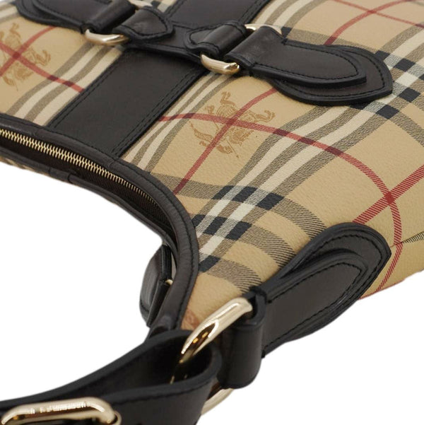 BURBERRY Haymarket Check House Canvas Buckle Shoulder Bag Dark Brown