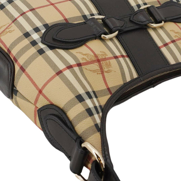 BURBERRY Haymarket Check House Canvas Buckle Shoulder Bag Dark Brown