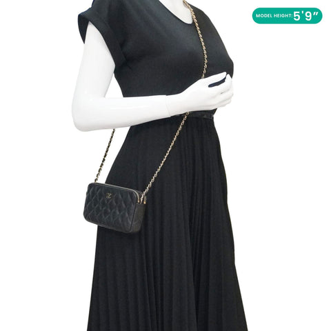 CHANEL Wallet on Chain Double Zip Caviar Leather Crossbody Bag Black