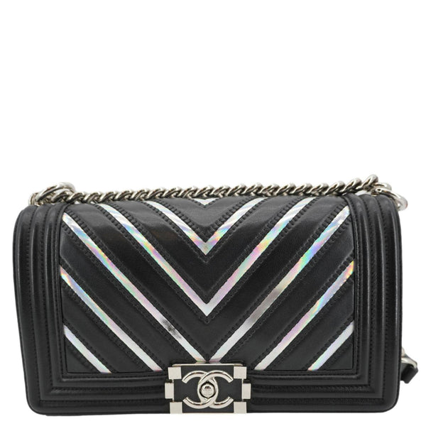 CHANEL Boy Flap Chevron Leather with Holographic PVC Crossbody Bag Black