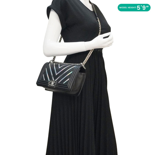 CHANEL Boy Flap Chevron Leather with Holographic PVC Crossbody Bag Black