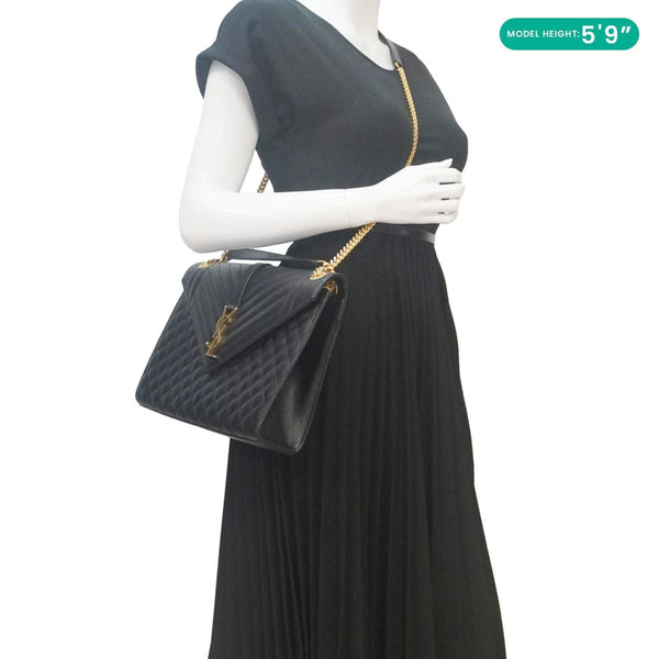 YVES SAINT LAURENT Envelope Flap Leather Chain Shoulder Bag Black