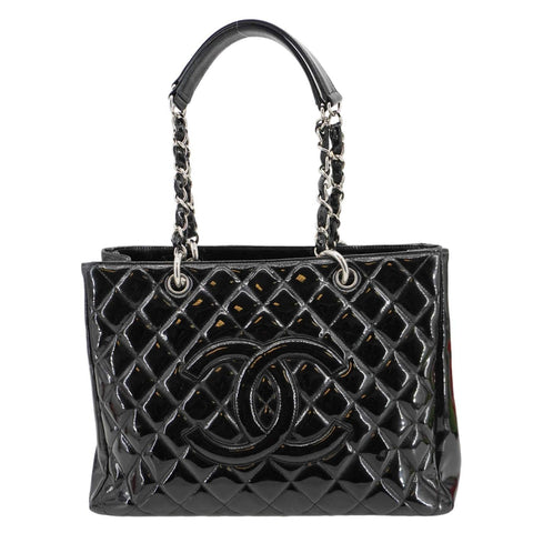 CHANEL Grand Shopping Patent Quilted Leather GST Tote Bag Black