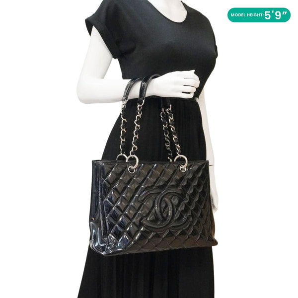 CHANEL Grand Shopping Patent Quilted Leather GST Tote Bag Black