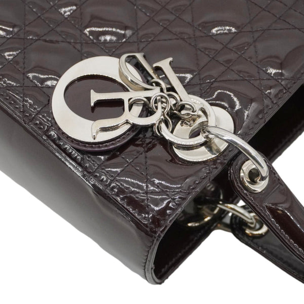 CHRISTIAN DIOR Lady Dior Quilted Patent Leather Shoulder Bag Burgundy